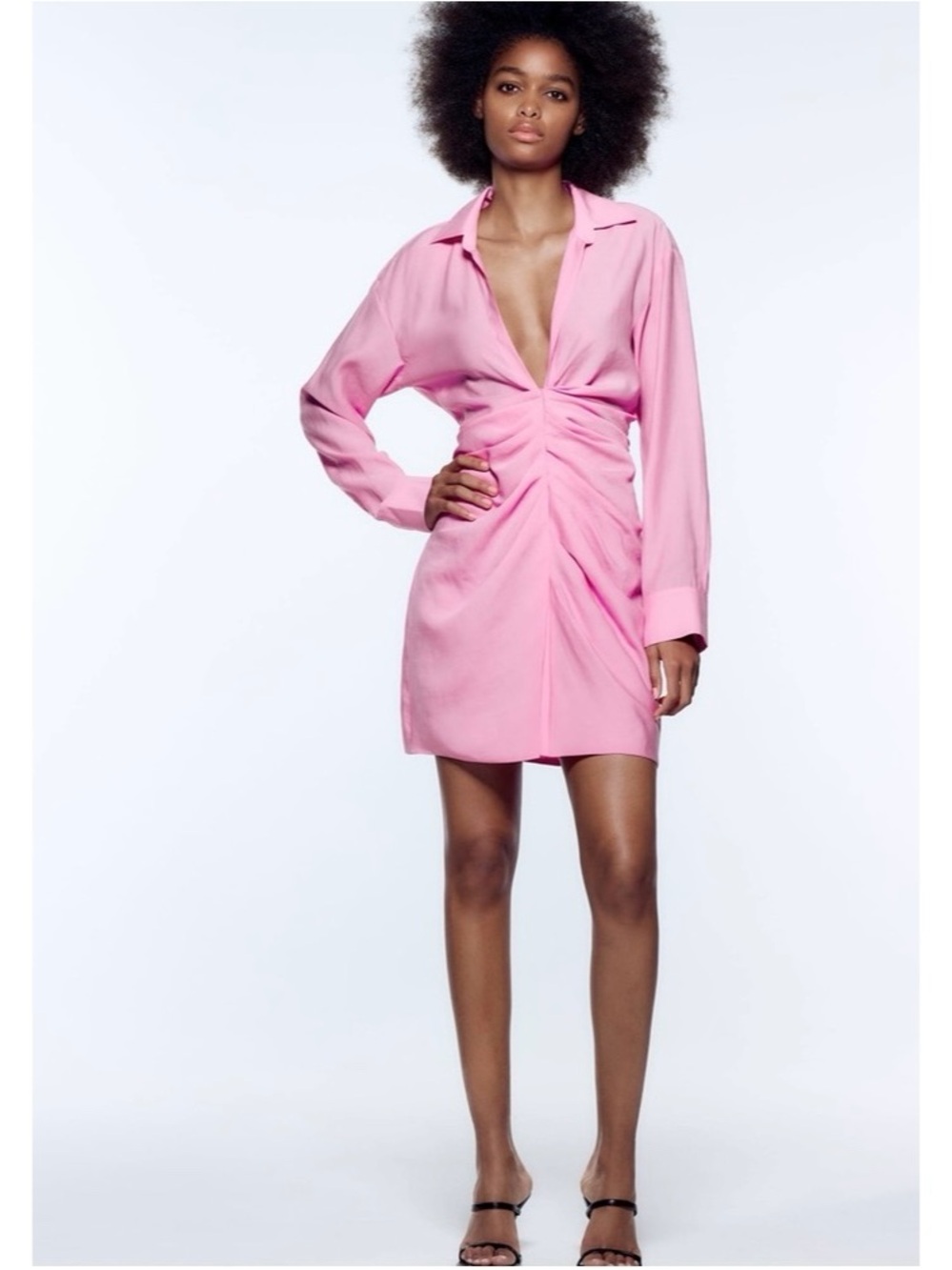 Zara Barbie Pink Draped Mini Dress Small Ruched Deep V-Neck Long Sleeve Collared